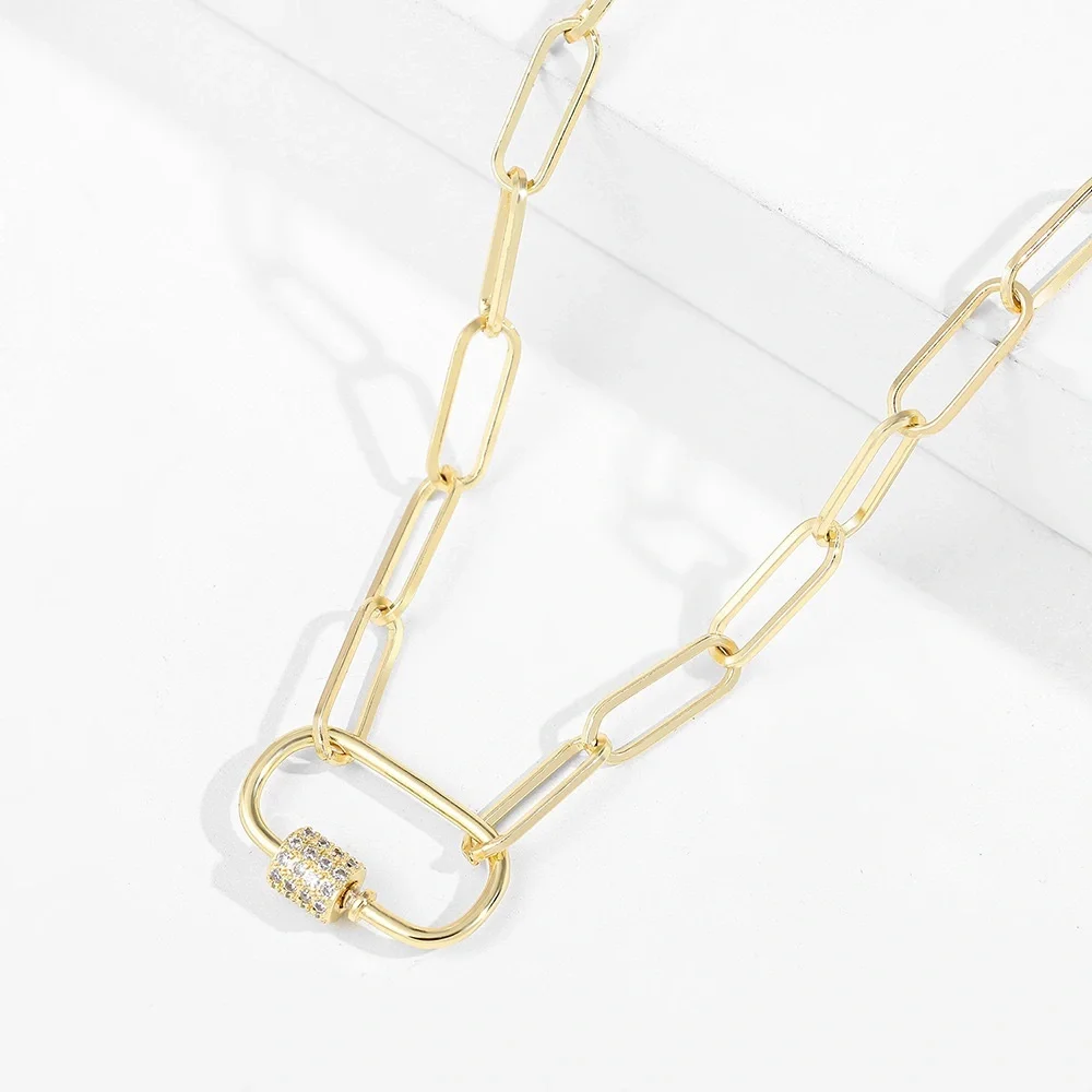 Oval Gold Narrow Chain Link Necklace Minimalist Paperclip Crystal Rhinestone - Picture 3 of 3